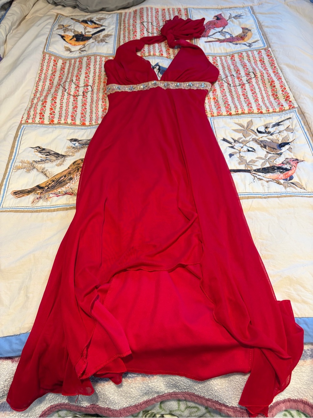 My Michelle Red High-Low Halter Dress with Beaded Waist